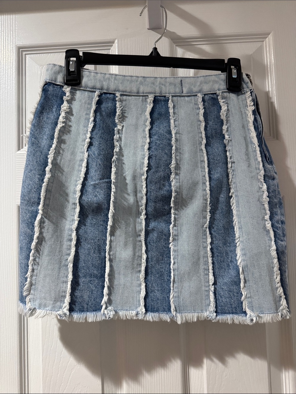Abercrombie & Fitch Two-Tone Frayed Stripe Denim Mini Skirt - Blue